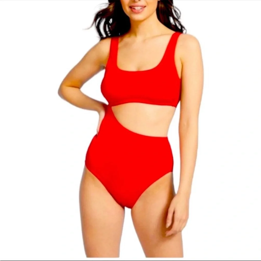 Kona Sol Red Cutout 1 Piece Ribbed Swimsuit - Picture 2 of 11